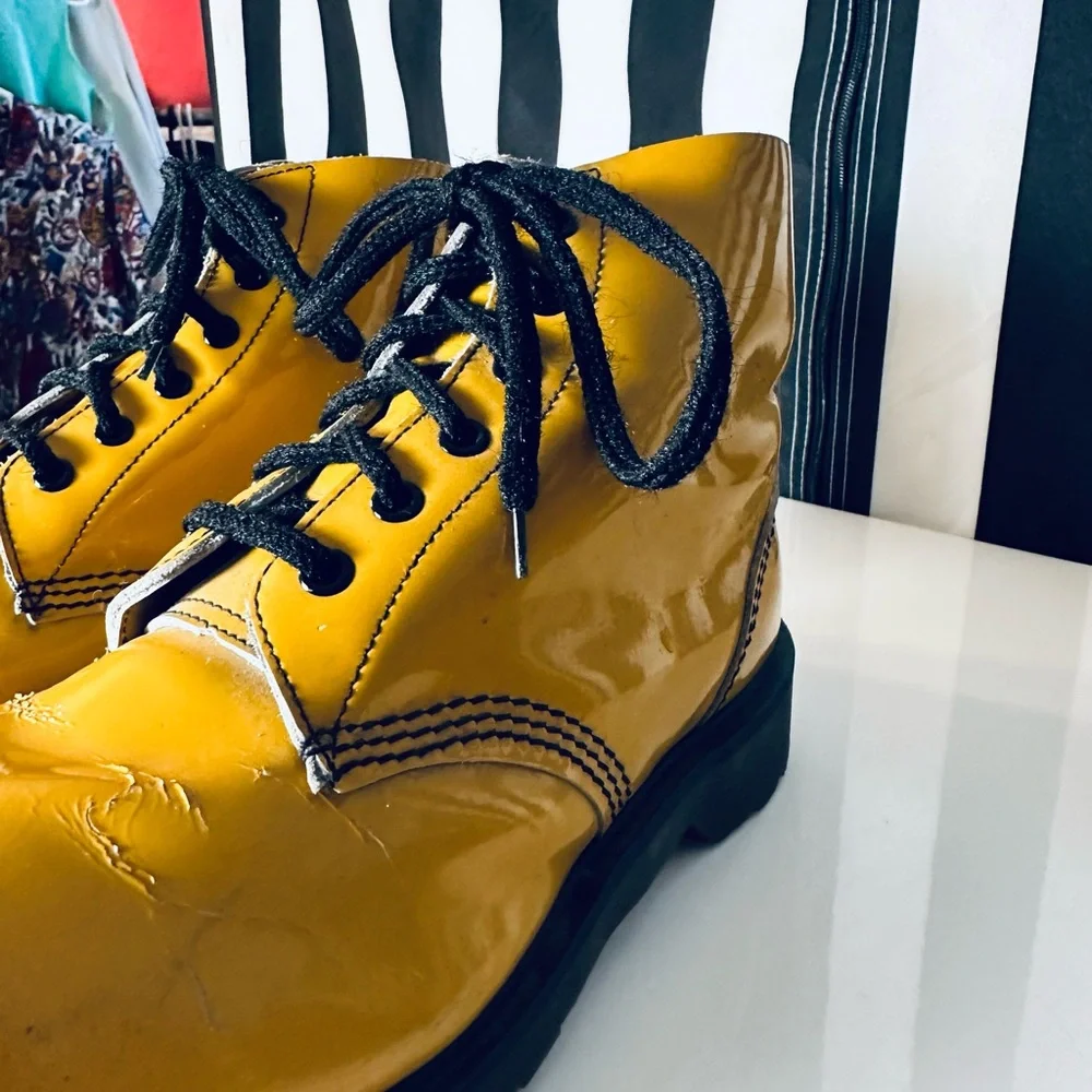 Dr. Martens RARE Vintage Patent Leather YELLOW Steel Toe Boots - Made in England